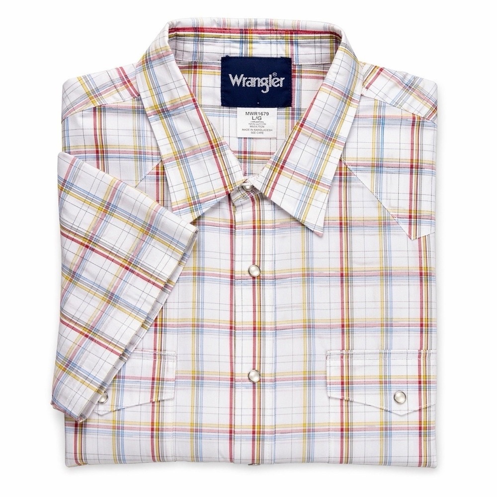 Wrangler Men Multicolor Plaid Pearl Snap Western Shirt Short Sleeve Large Cowboy